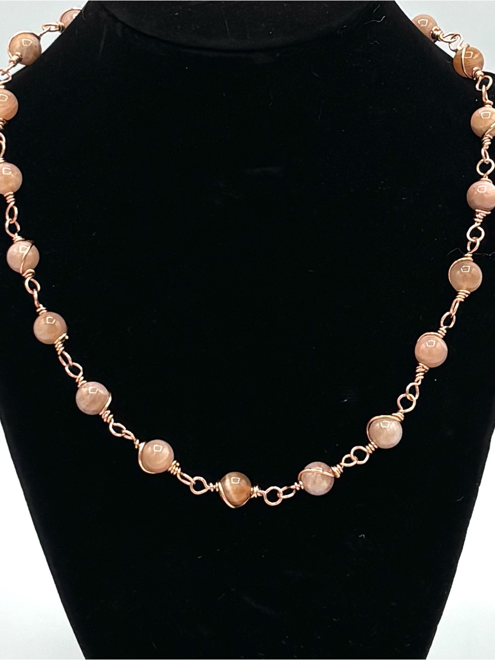 Hand Crafted Sunstone Beaded Linked Necklace - Peach Sunstone with Copper Chain